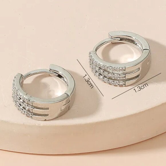 3/$35 Copper Triple Row Earrings Dainty Silver Cubic Zirconia CZ Hoop Huggies - Picture 4 of 6